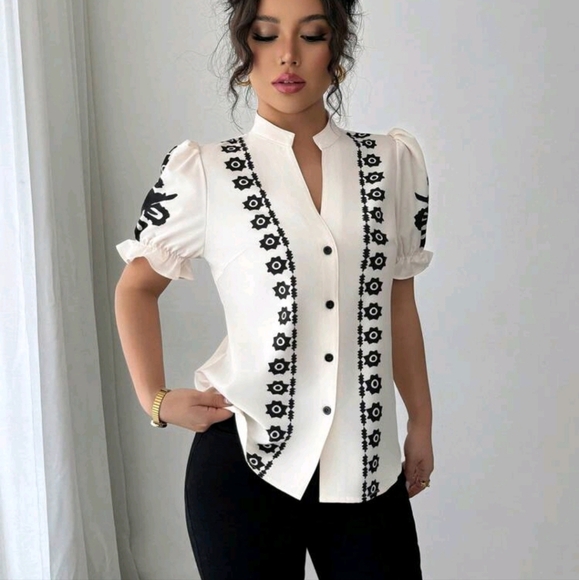 Elegant Vacation Style Printed Notched Neck Puff Sleeve Blouse - Picture 3 of 4